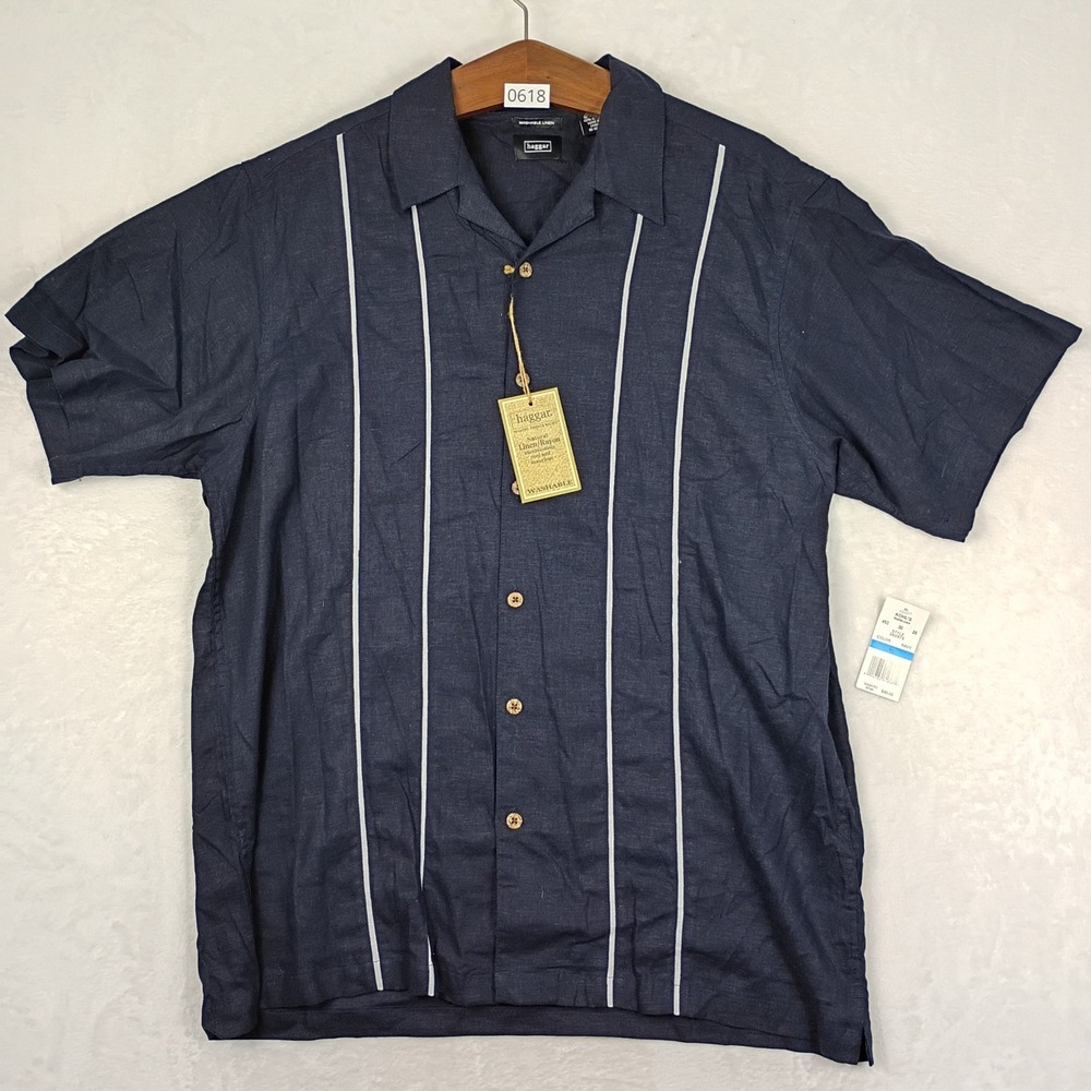 Haggar Button Up Shirt Mens XL Navy Linen Rayon Striped Camp Collar Retro Summer